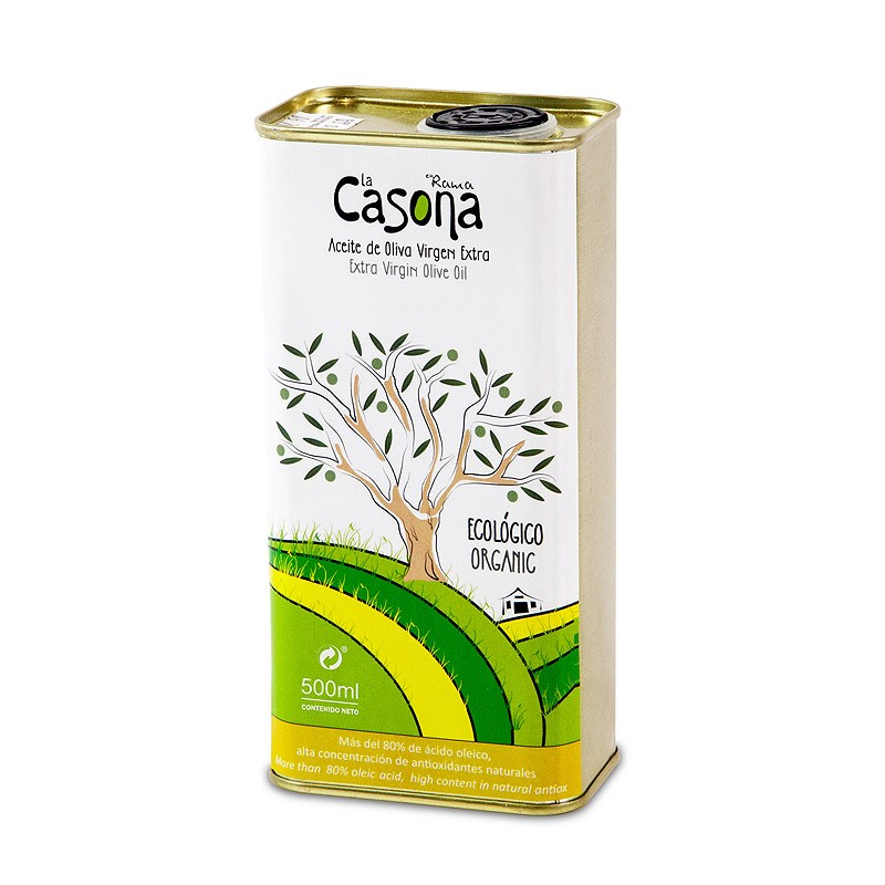 500 ml tin can. Organic EVOO picual variety and early crop